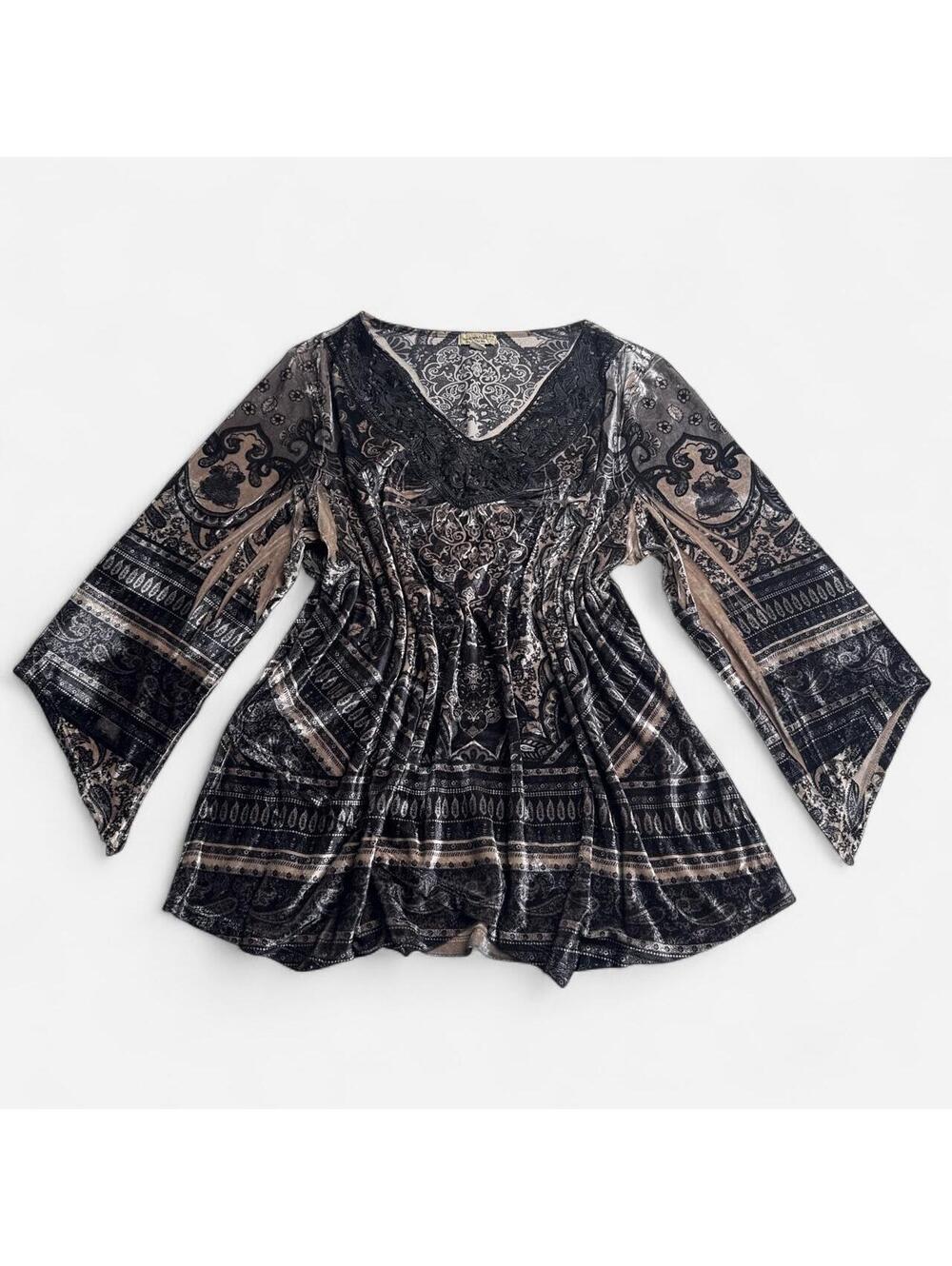 Vintage boho Velvet Burnout‎ Top 2X Plus Size Paisley Crochet V-Neck Bell Sleeve - Picture 2 of 7